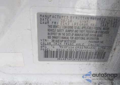 2019 Nissan Sentra Sv z USA, uszkodzony, nr VIN 3N1AB7AP1KY219709